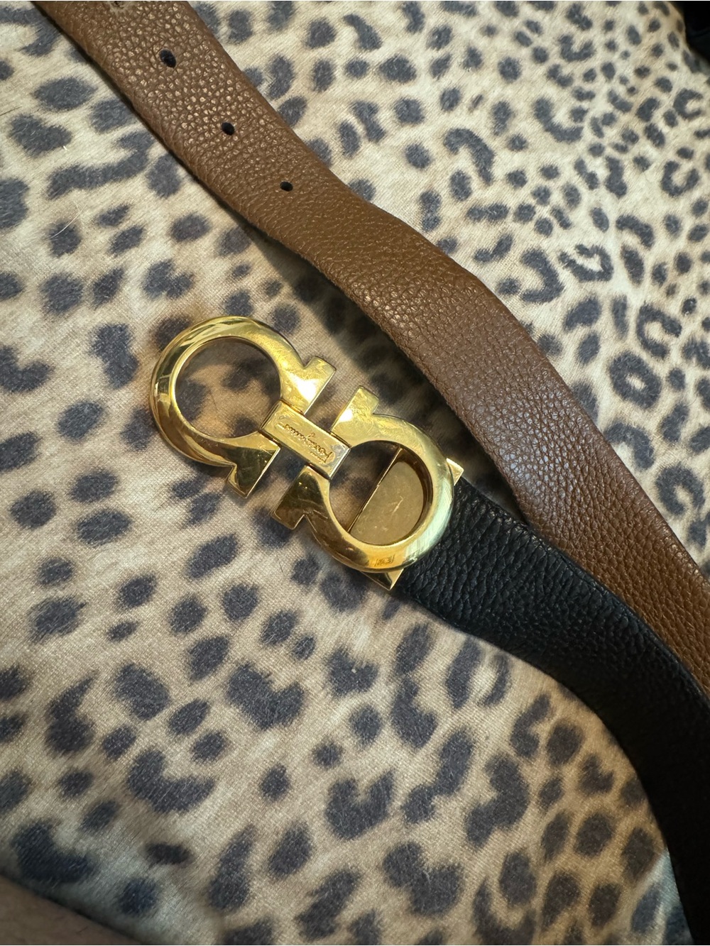 Salvatore Ferragamo Brown and Black Leather Belt with Gold Gancini Buckle